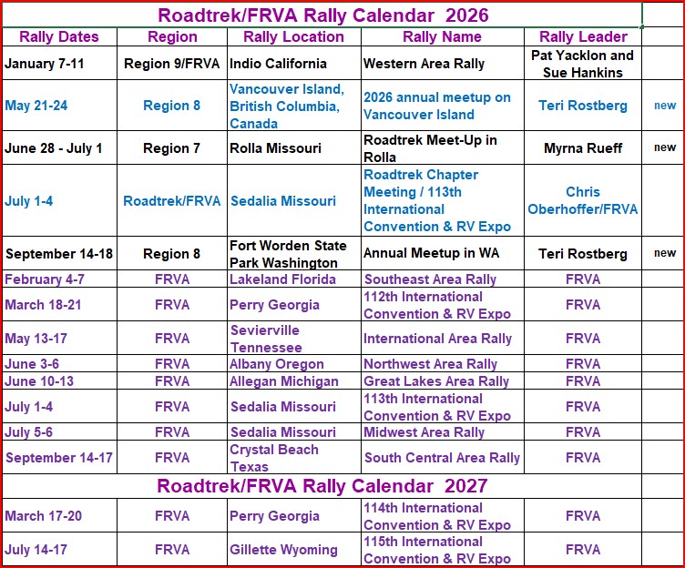 Roadtrek-FRVA Rally Calendar  2026